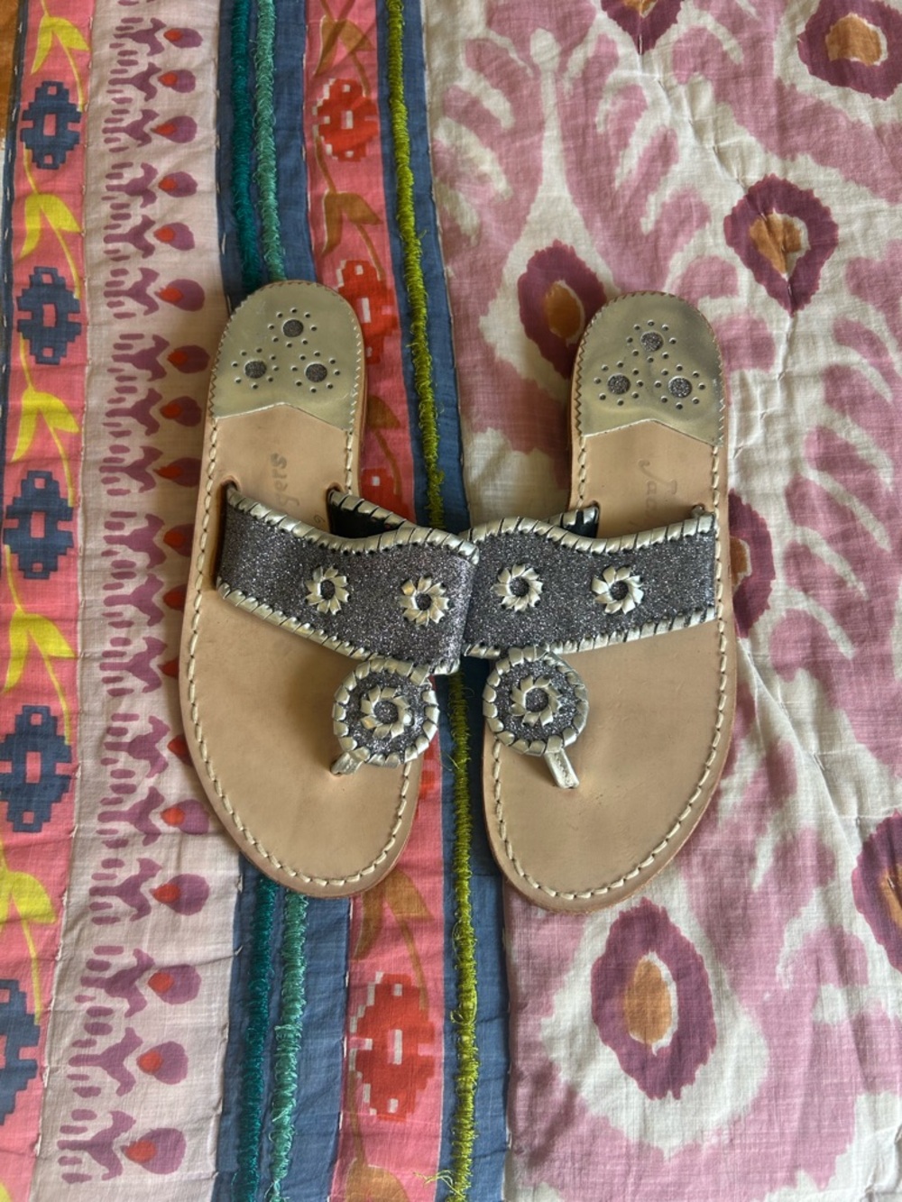 Jack Rogers Metallic glitter Silver and Tan Leather Sandal